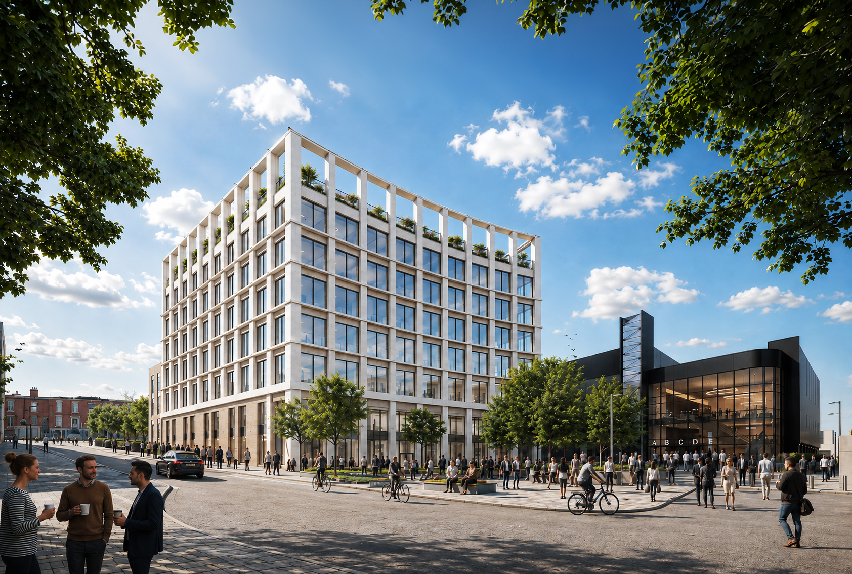 Architectural rendering of the planned eight-storey Springwell Square office building beside a lower dark building in Derby.