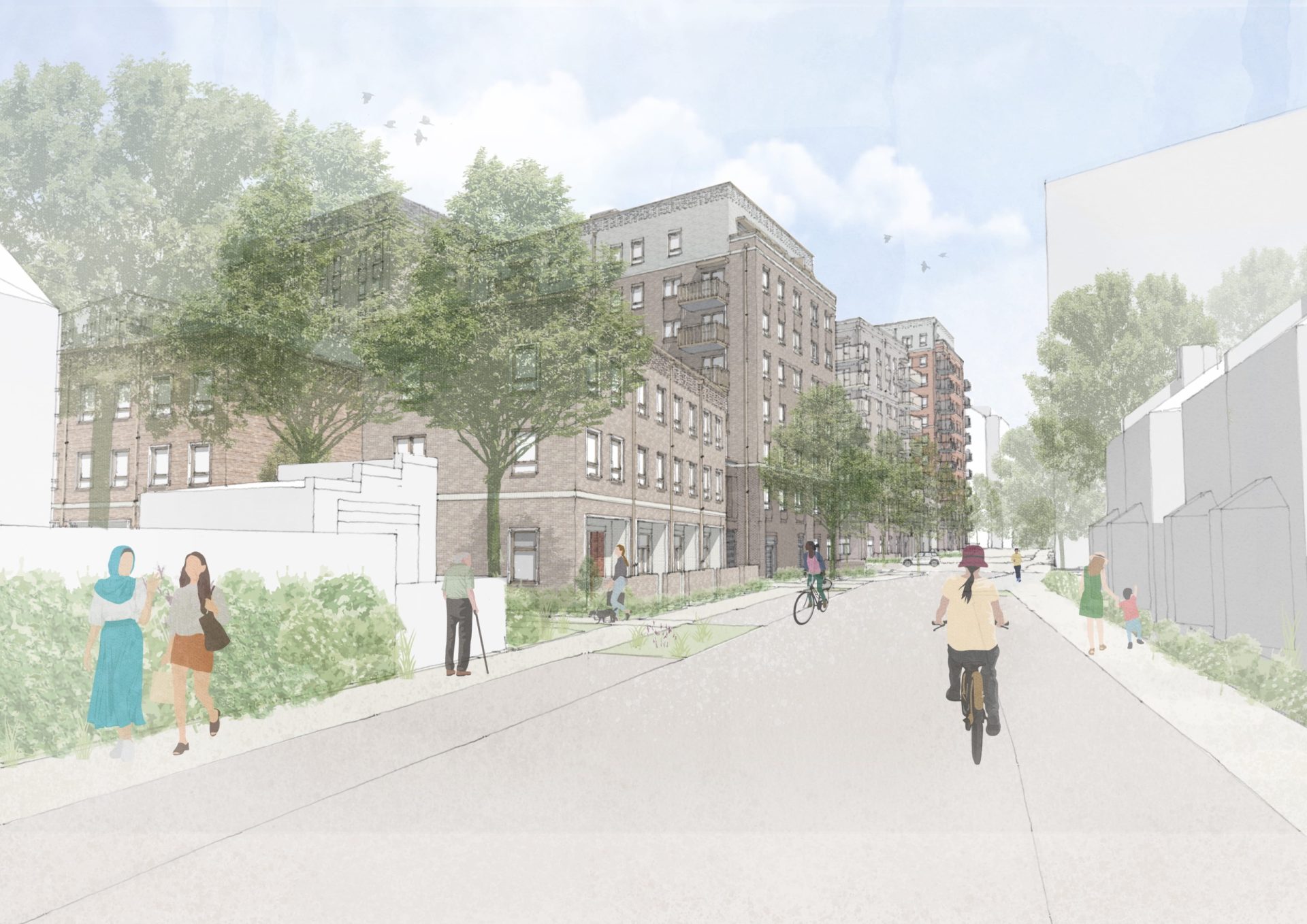 Architectural rendering of new apartment blocks along a pedestrian street, with trees and people walking.