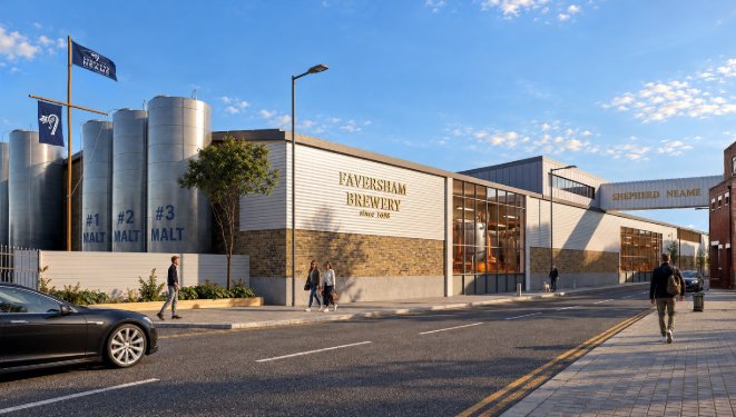 Architectural rendering of the Faversham Brewery street frontage, with pedestrians walking past the building.