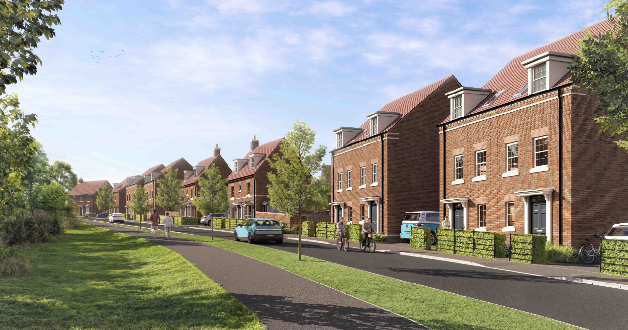 Architectural rendering of brick houses along a landscaped residential street
