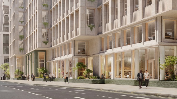 Rendering of the proposed 10–20 Victoria Street office redevelopment, with pedestrians on a Westminster street.