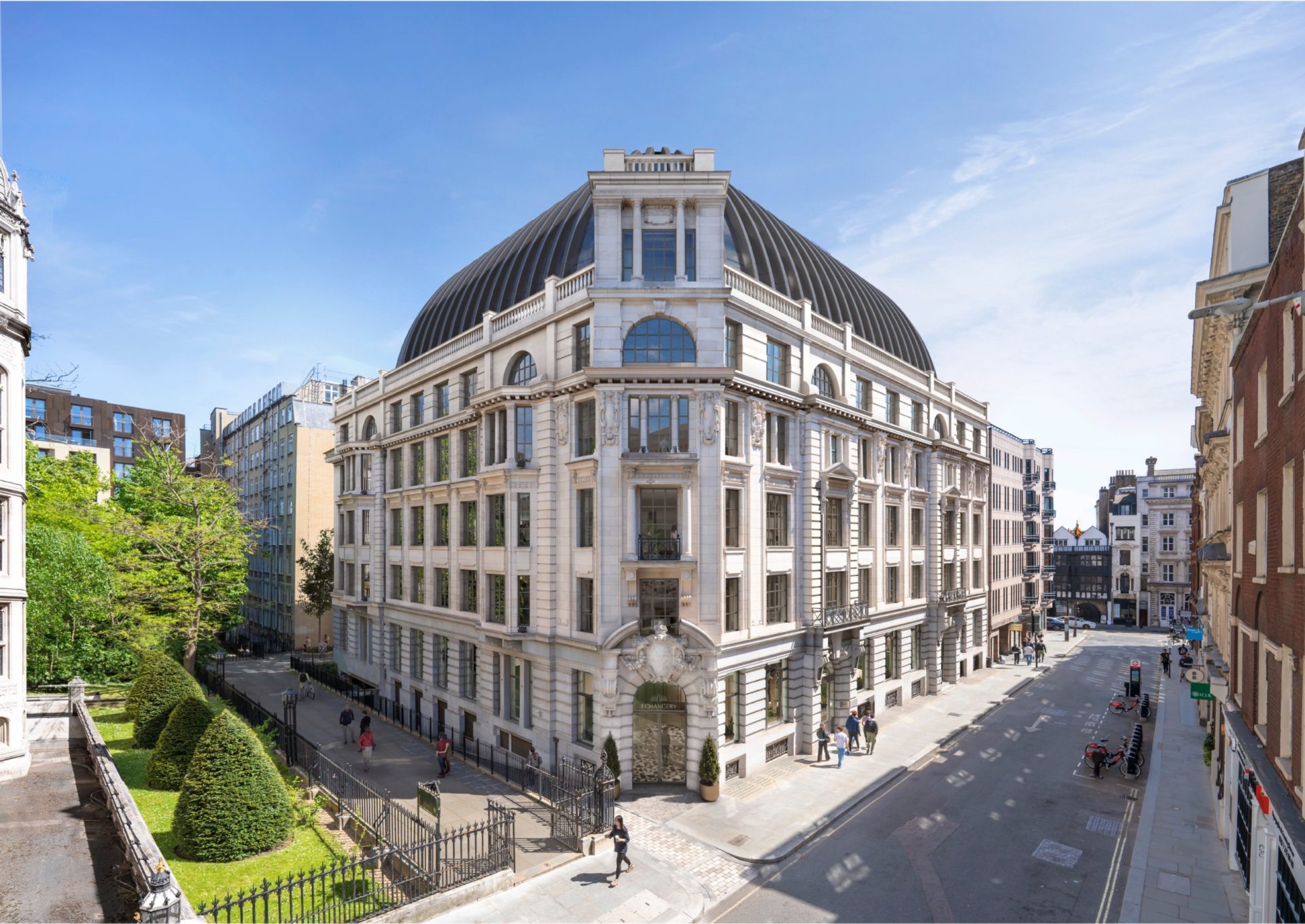 Architectural rendering of 5 Chancery Lane, a multi-storey London office building with a pale stone façade.