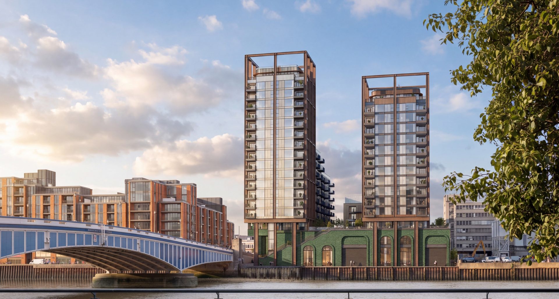 Architectural rendering of residential towers and a last-mile logistics facility at Albert and Swedish Wharf, Fulham.