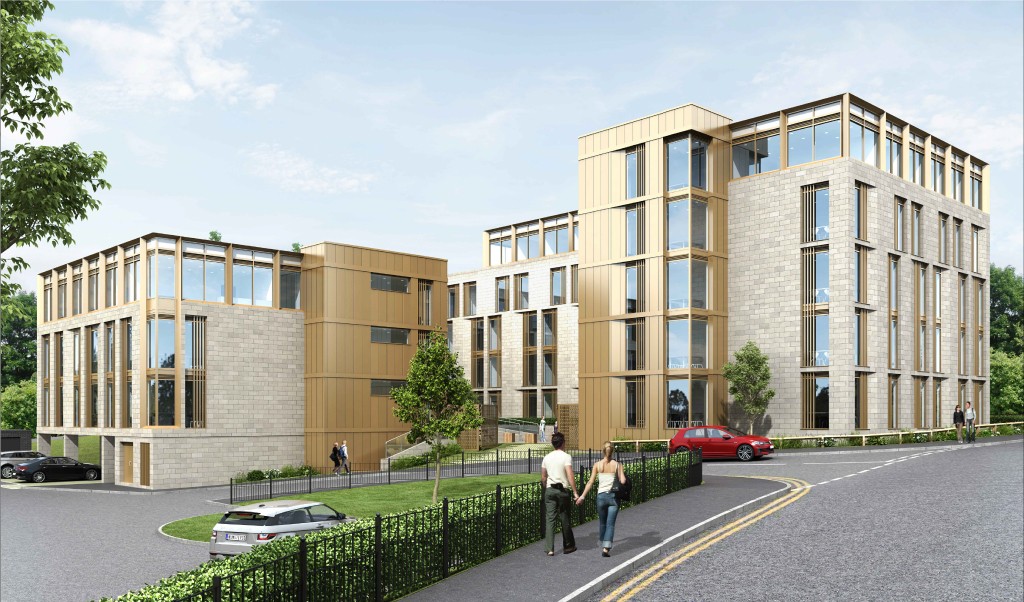 Architectural rendering of Melbury Court, a five-storey student accommodation building in Durham, with two people outside.