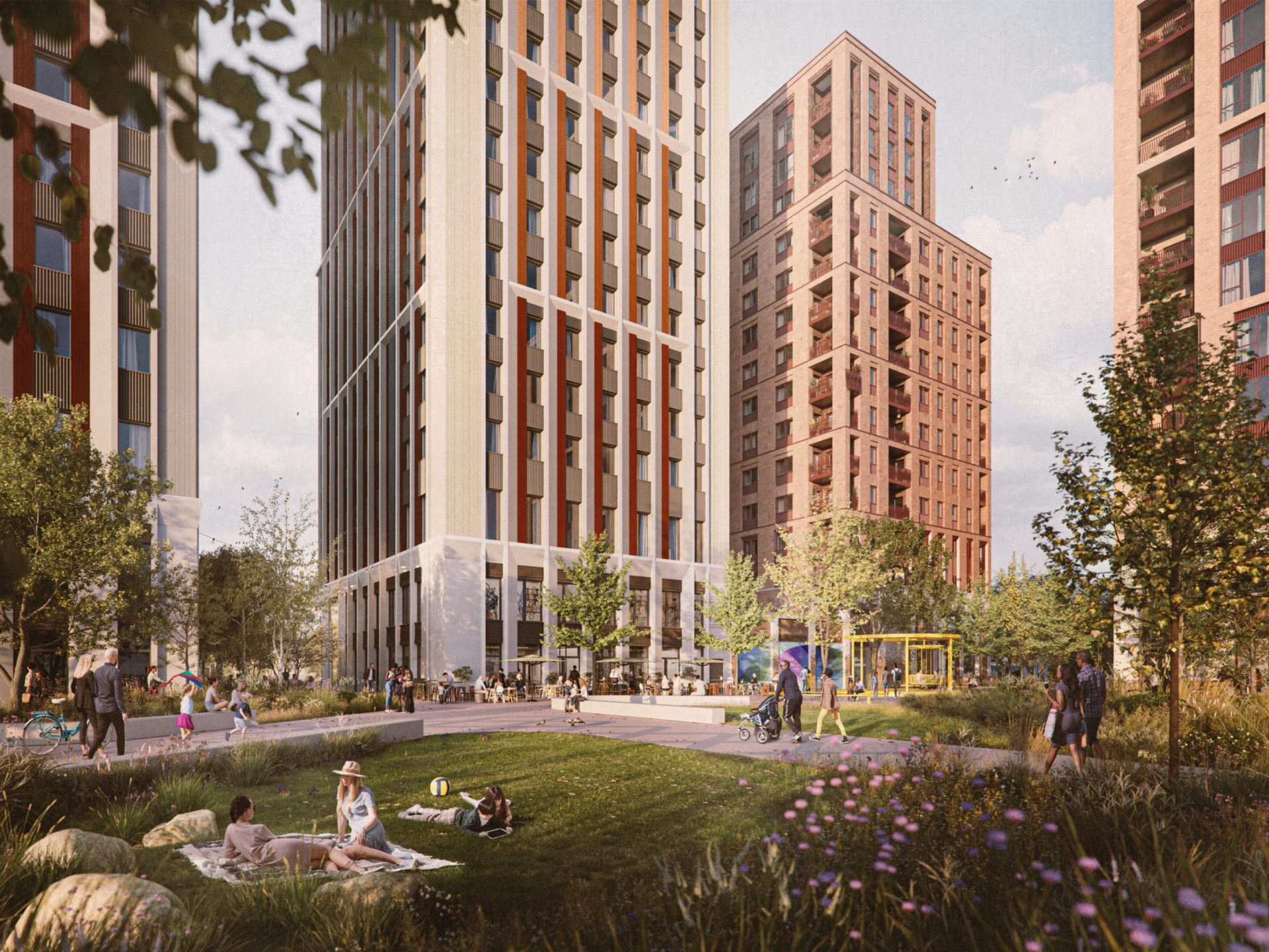 Rendering of Devonshire Place, showing tall student housing blocks, landscaped public space and people outdoors.