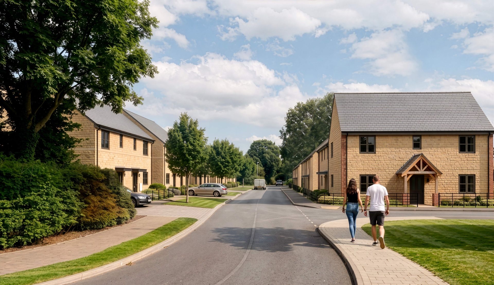Illustration of a new housing development, with two people walking along a pavement between modern homes.