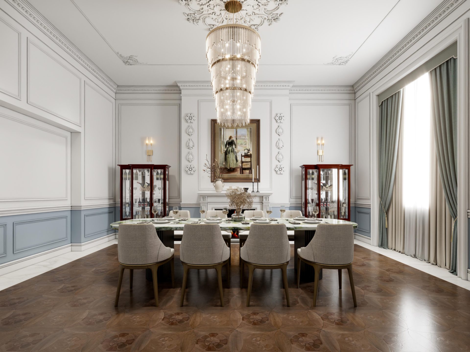 Elegant dining room with a long table, upholstered chairs and a large crystal chandelier