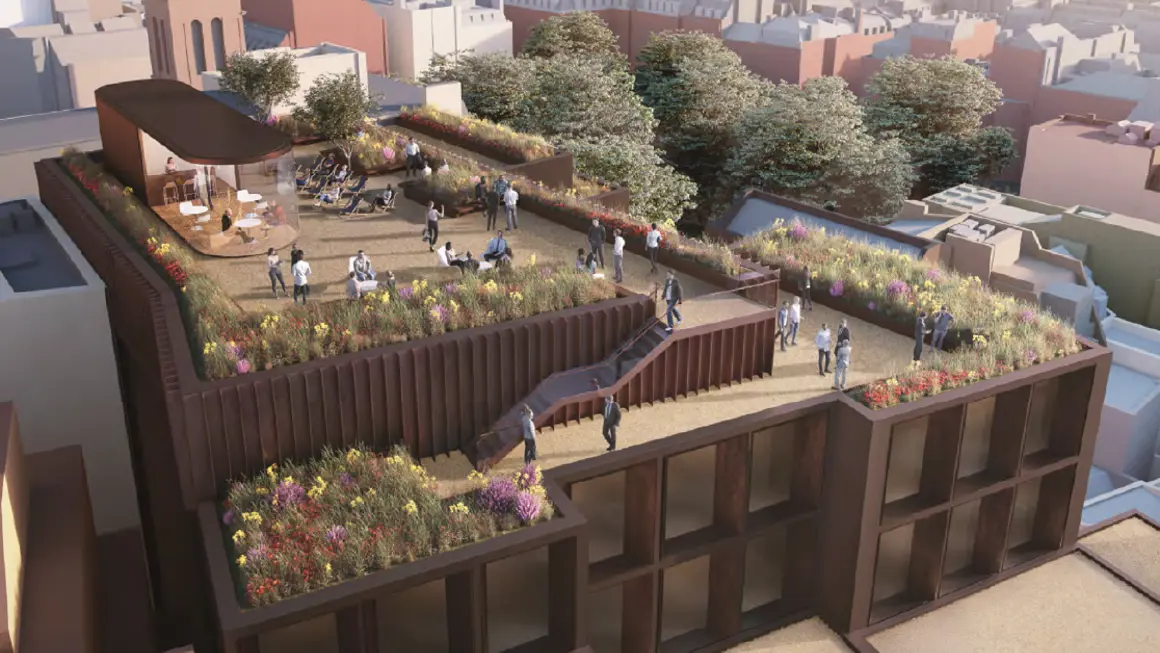 Rendering of Soho Square Estate redevelopment, with office floors, planted terraces and people outdoors.
