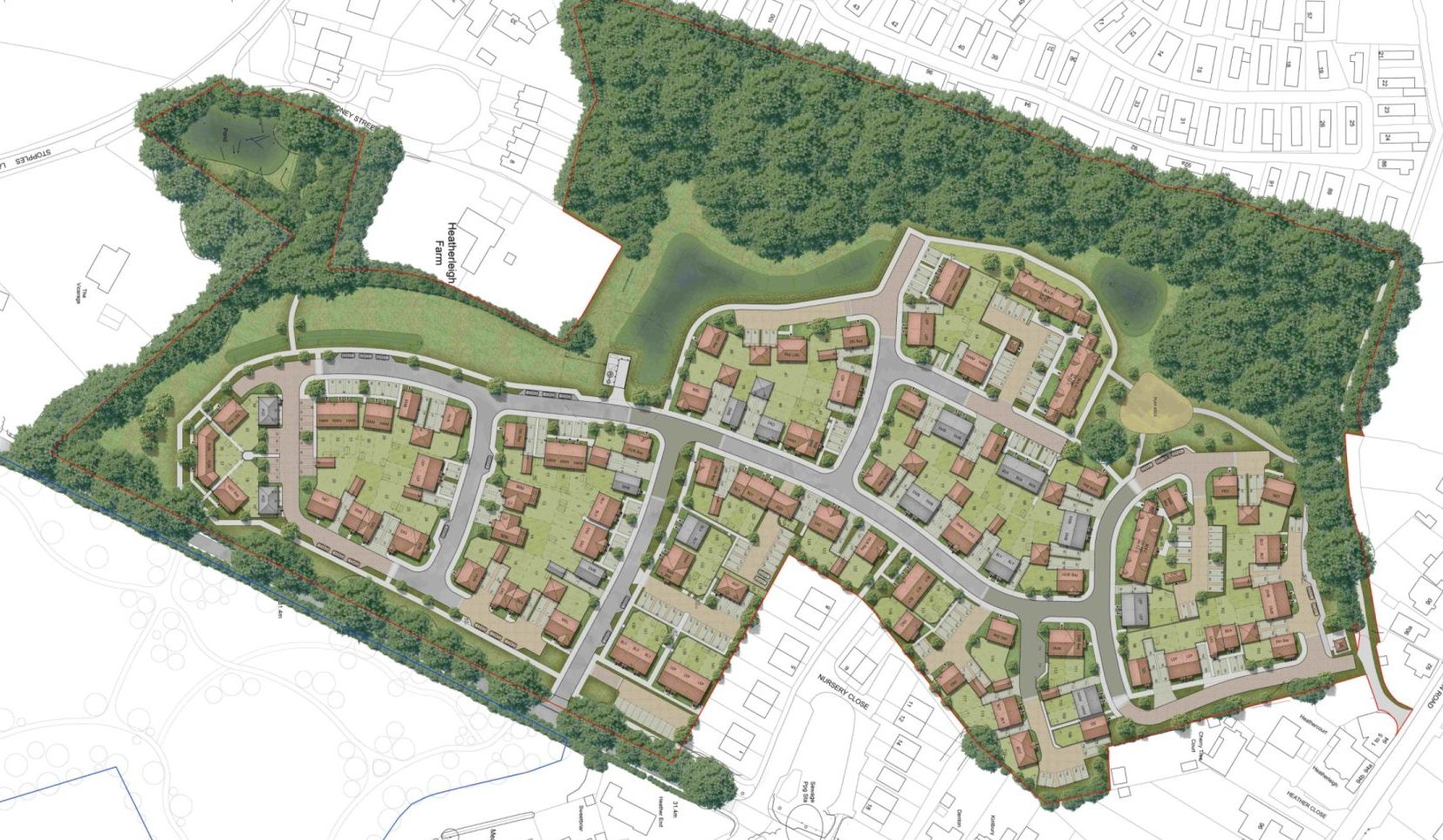 Site plan showing the layout of 141 homes, roads and green spaces on the Hordle Lane development site.