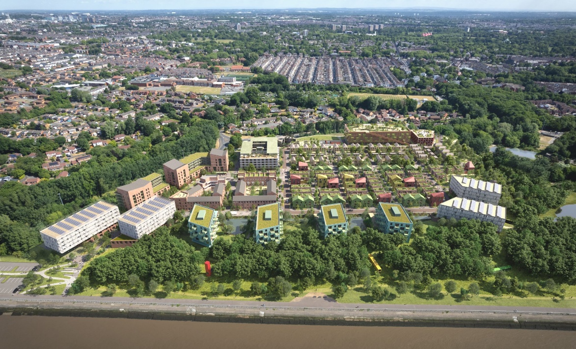 Architectural rendering of the proposed Festival Gardens neighbourhood, with housing among landscaped green spaces beside the