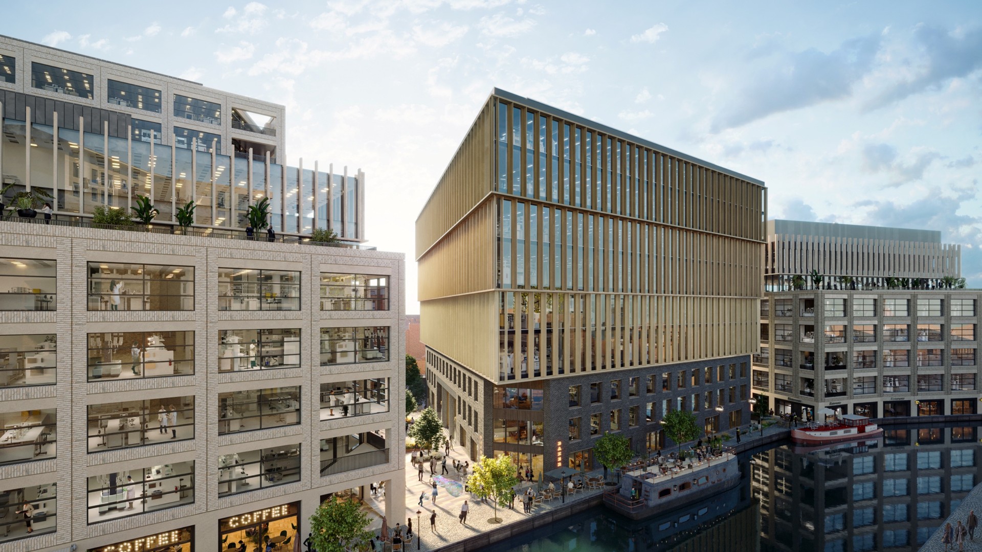 Architectural rendering of a mixed-use development with shops, offices and a landscaped urban waterway