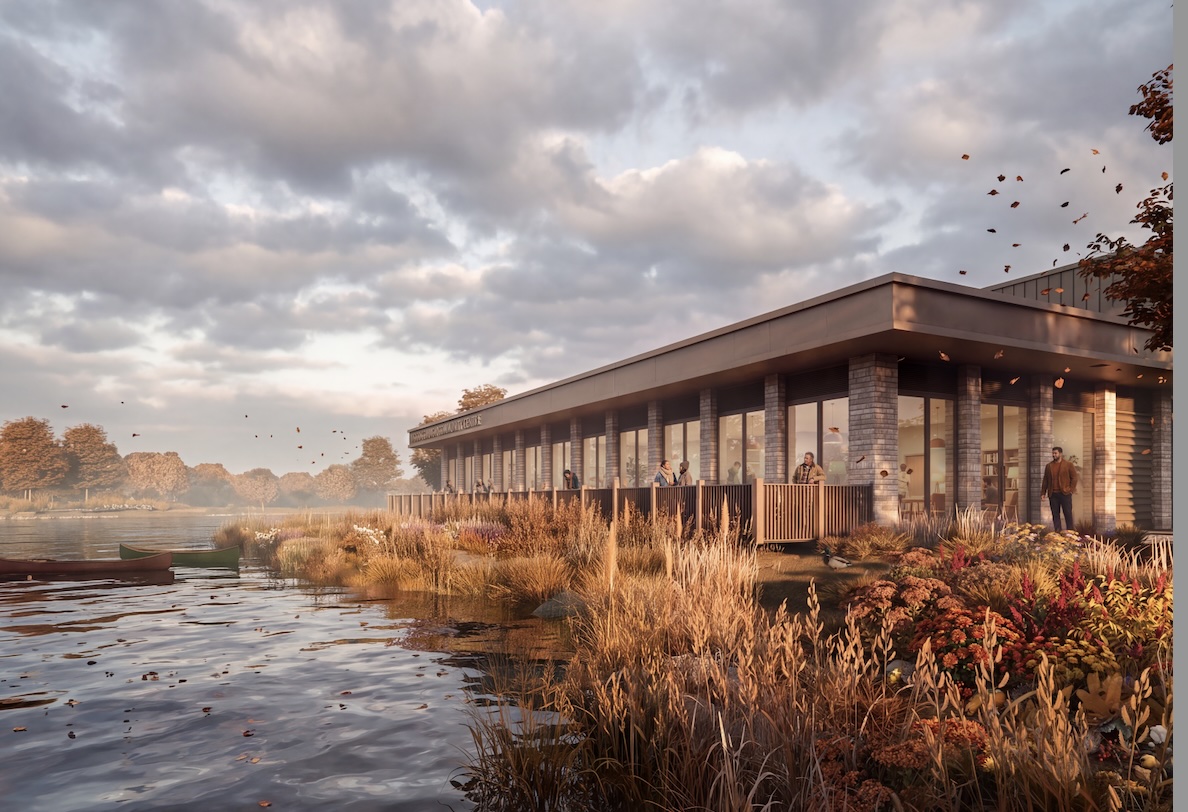 Architectural rendering of a modern housing block beside a lake, with landscaped reeds and paths.