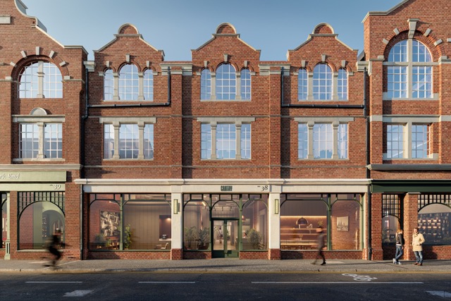 Architectural rendering of Cantay House, a red-brick Oxford building with arched windows and ground-floor shops.