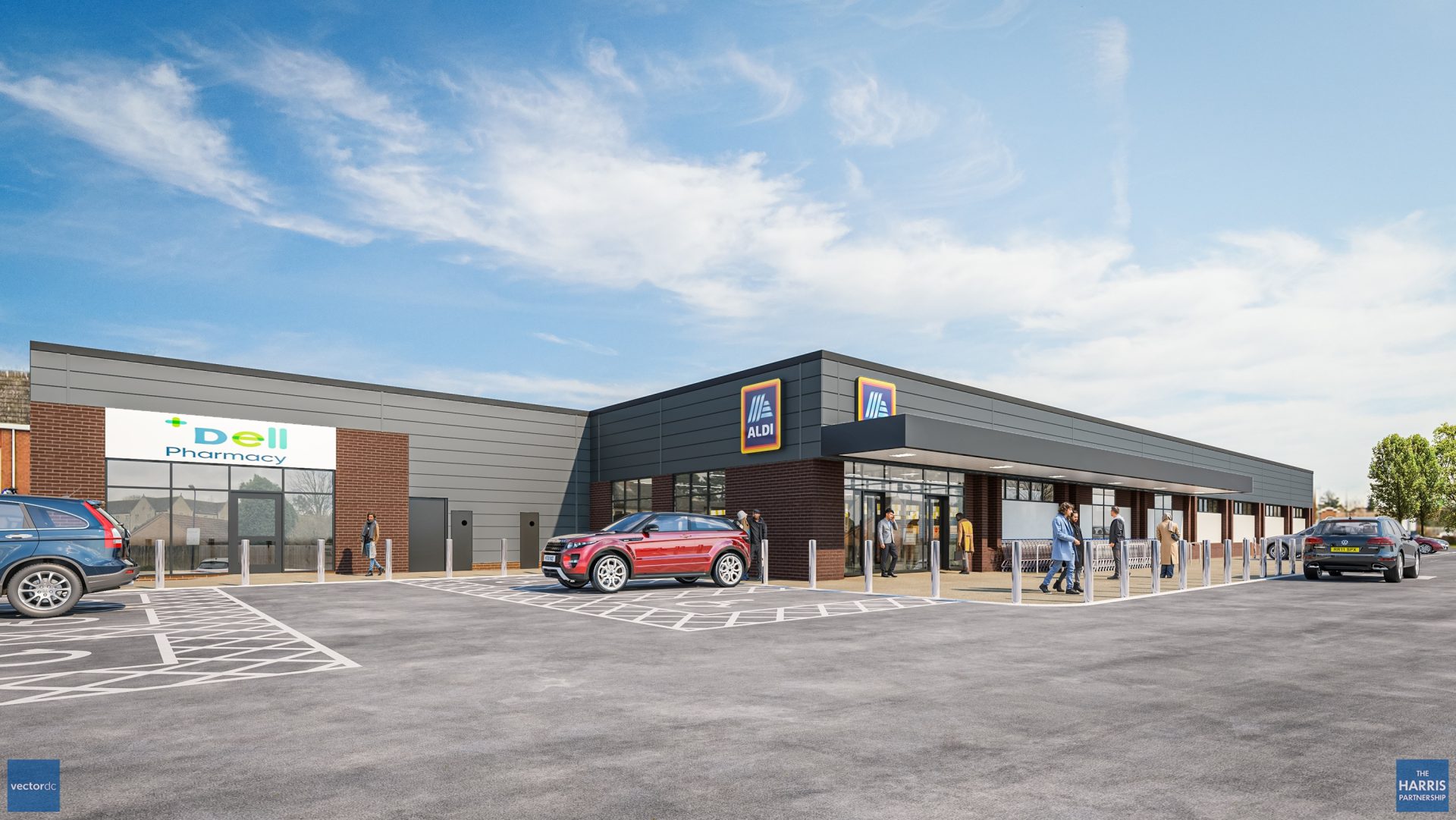 Architectural rendering of the proposed Aldi store at The Deepings, showing its entrance, parking lot and cars.