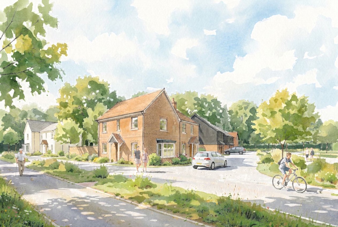 Illustration of proposed homes, green space and a road, with a car and cyclist nearby.