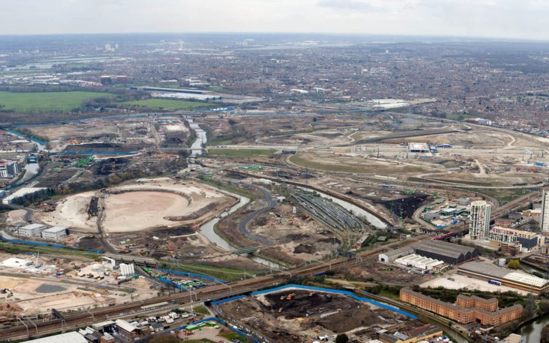 Olympic Park. Aerial panoramic view of Olympic Park with the Stadium bowl on the left and Aquatics centre image. Picture by Anthony Charlton.