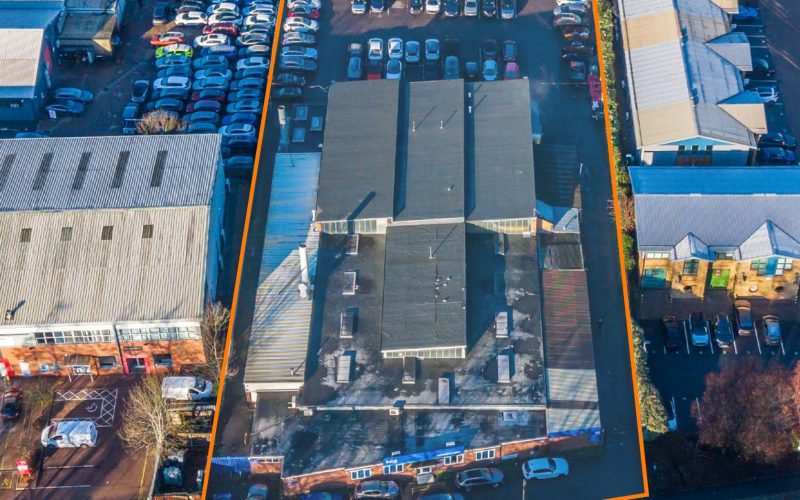 Aerial view of an industrial site surrounded by a read line