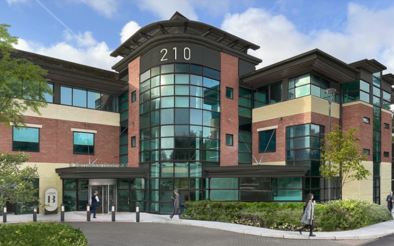 CGI of a modern brick and glass office building with public realm and pavements at the front