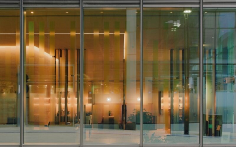 Front entrance of the 3 St Paul's Place office building in Sheffield featuring lots of glazing