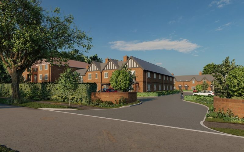 CGI of a housing development with a road leading into the middle of the scheme