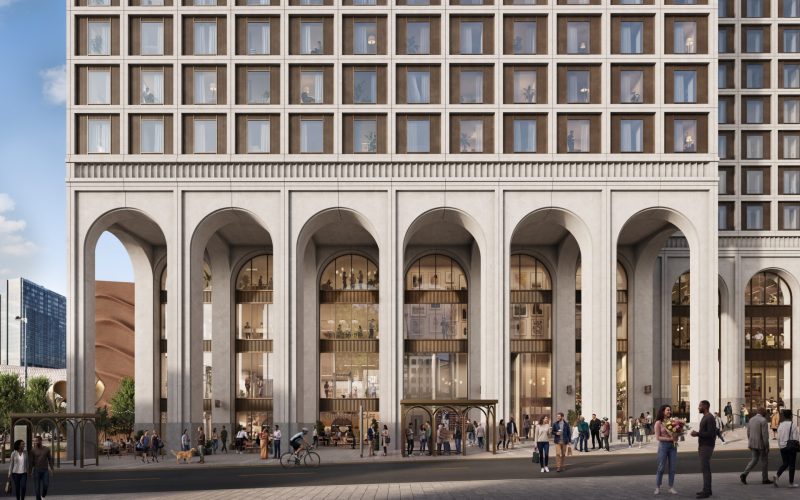 CGI image of a building with colonnades on the ground floor and a series of windows above