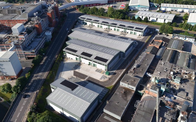 Aerial view of an industrial and logistics development featuring a number of different sized units
