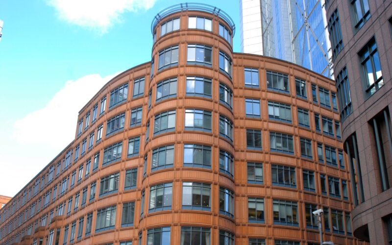 F4Y84P London,UK,4 March 2014,Broadwalk House,the only building at Broadgate City with reinforced concrete structure instead steel.Cladding from precast concrete give appearance terracotta tiles.