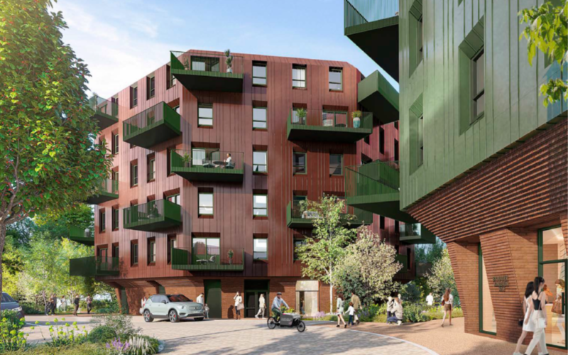 CGI image of brick built residential buildings featuring green cladding and balconies
