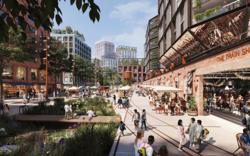 CGI of a new city square outside the repurposed Train Shed, image courtesy of ECDC