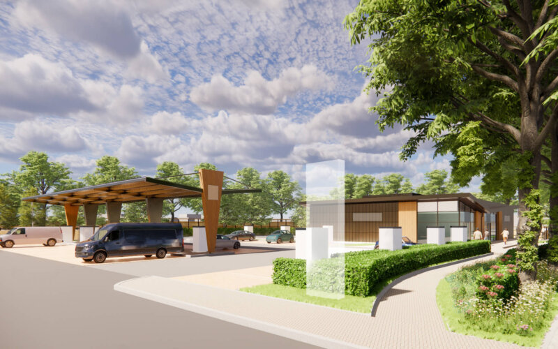 CGI of the EV Super Charging Hub at the Manor Royal business park in Crawley