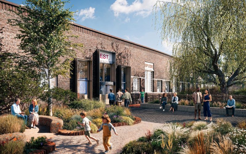 CGI image of a single-storey brick building with borders planted with lots of flowers and children playing