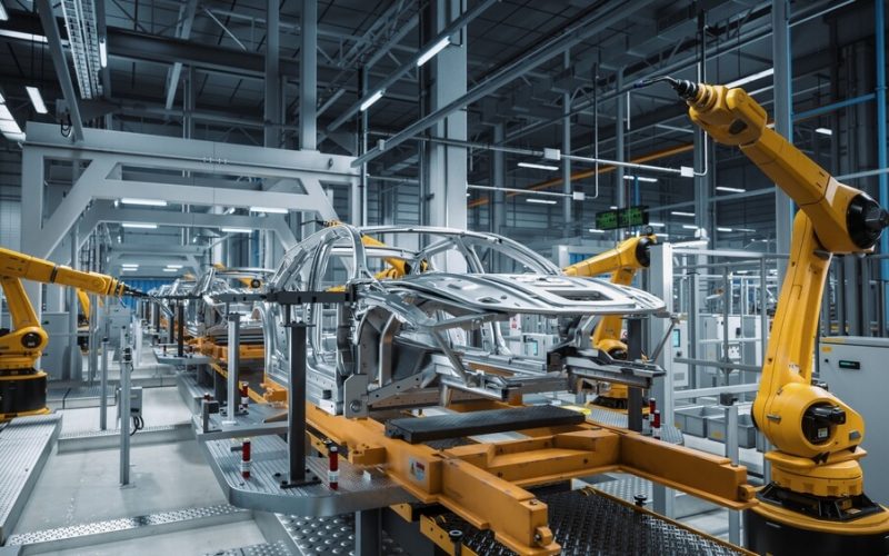 Car,Factory,3d,Concept:,Automated,Robot,Arm,Assembly,Line,Manufacturing