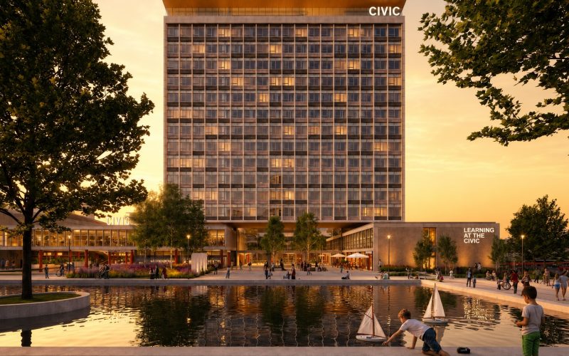 CGI of a tall building at dusk with water in front and the word Civic displayed on the top of the building