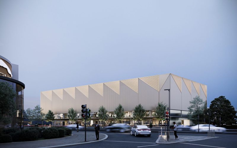 CGI of Compound's new self-storage led-facility in Guildford located on a busy main road with traffic lights