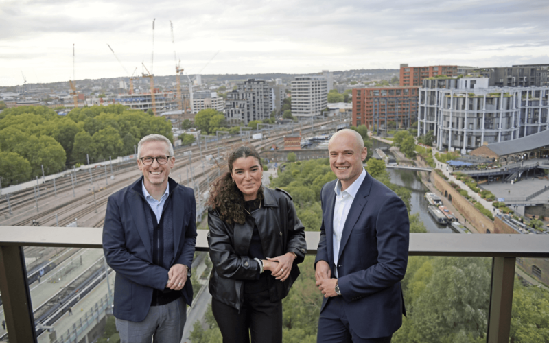 Councillor Nasrine Djemai (centre) with John Mulryan, Managing Director Ballymore (left) and Rob Beacroft (right), Co-Founder, Lateral.