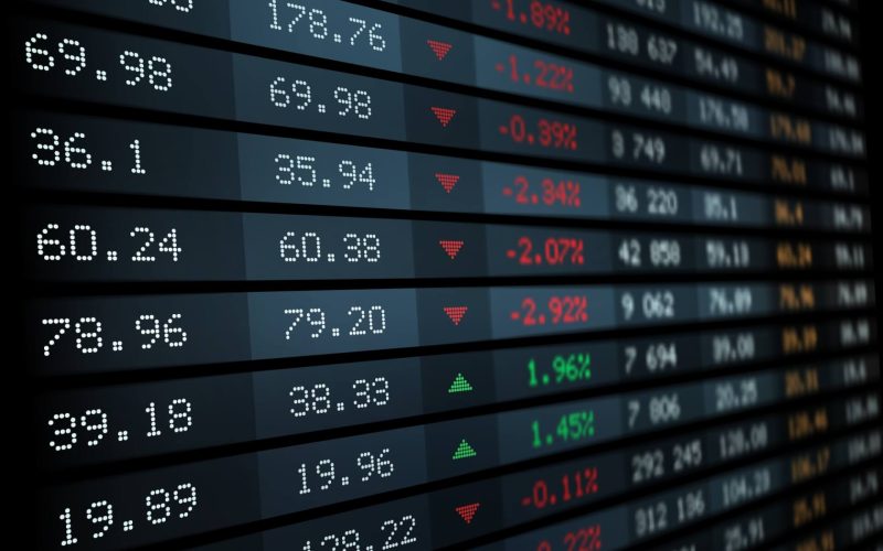 Stock exchange board with market index, vector graphs and charts. Stock market ticker display or screen indicators with financial trade prices, share volume and change direction, finance and business