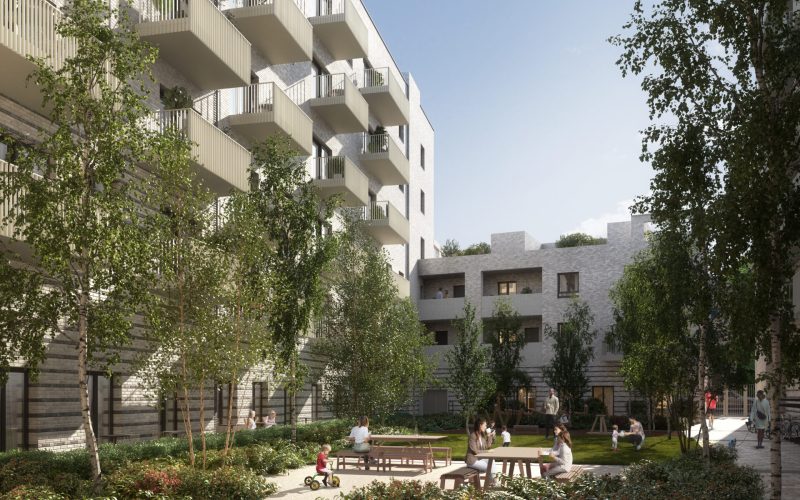 CGI image of a series of residential buildings with green planting and trees
