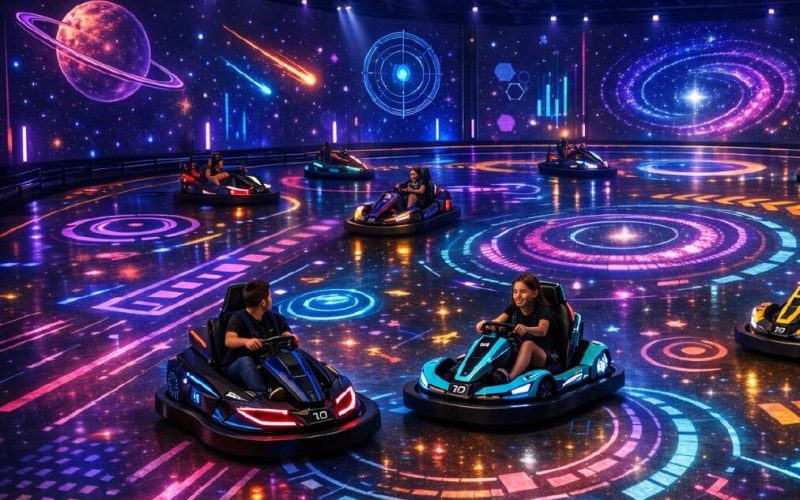 interior of a room with lots of neon lights with children racing in bumper cars