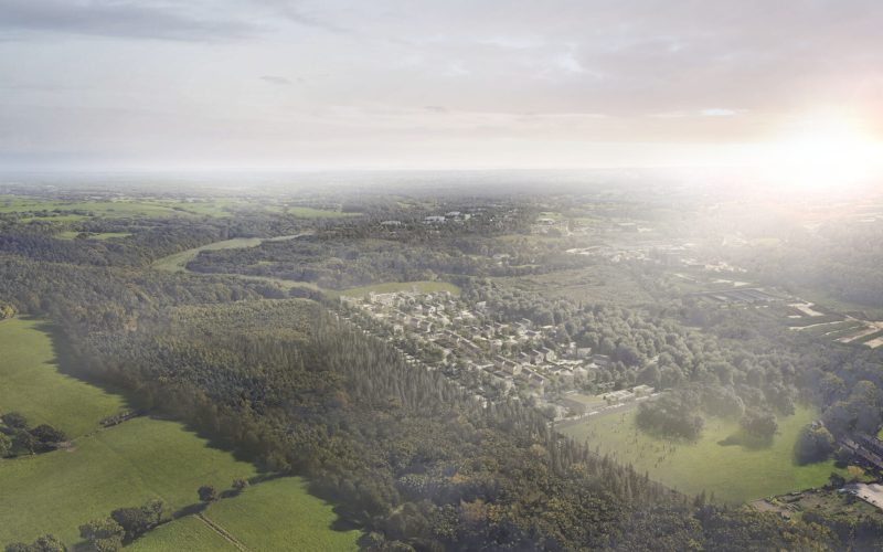 CGI aerial image of fields with a hazy skyline and a residential and industrial development in the distance