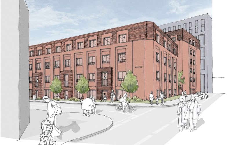 CGI of a brown brick building