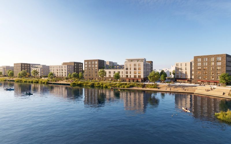 CGI of a series of residential buildings with a large pool of water in front