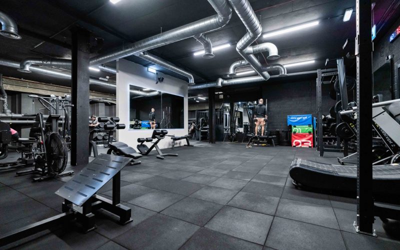 Interior of a gym featuring fitness equipment