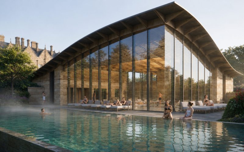 A large swimming pool in front of a glass built building