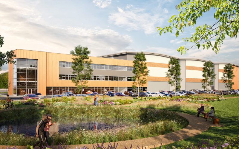 CGI of a low rise building with plants and trees in the foreground