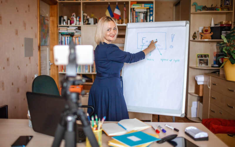 Distant,Education.,Middle,Aged,Teacher,Giving,Online,Lesson,Via,Internet