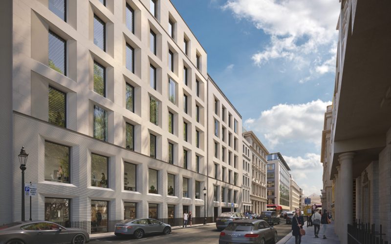 CGI of a street scene with a large office building running down the left hand side of the road