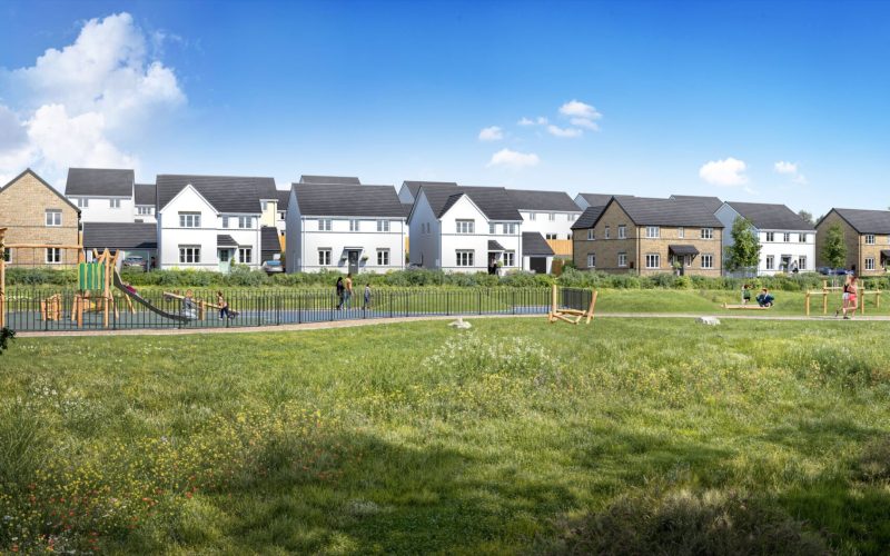 CGI image of a row of houses with green fields and a play area in front