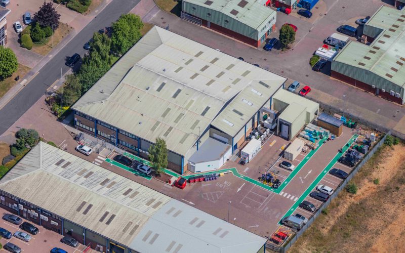 Aerial view of industrial buildings on an estate