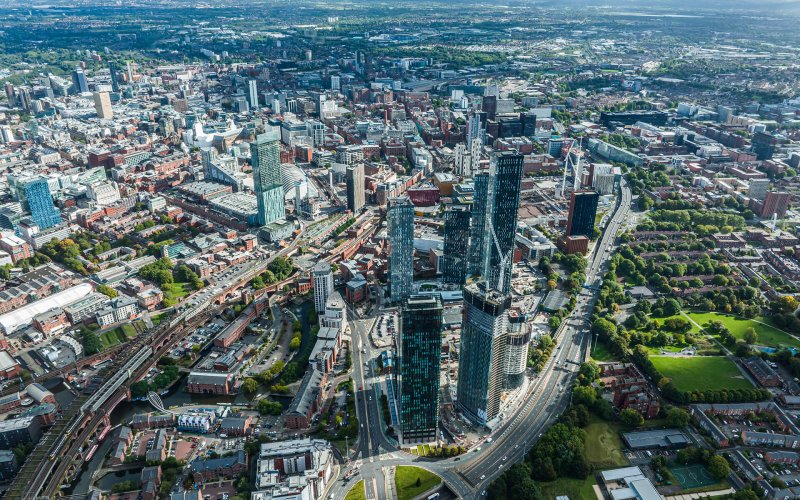 Aerial view of Manchester city in UK