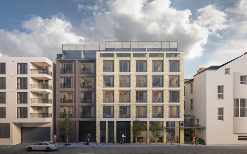 CGI image of a fairly low rise modern building with a cloudy sky